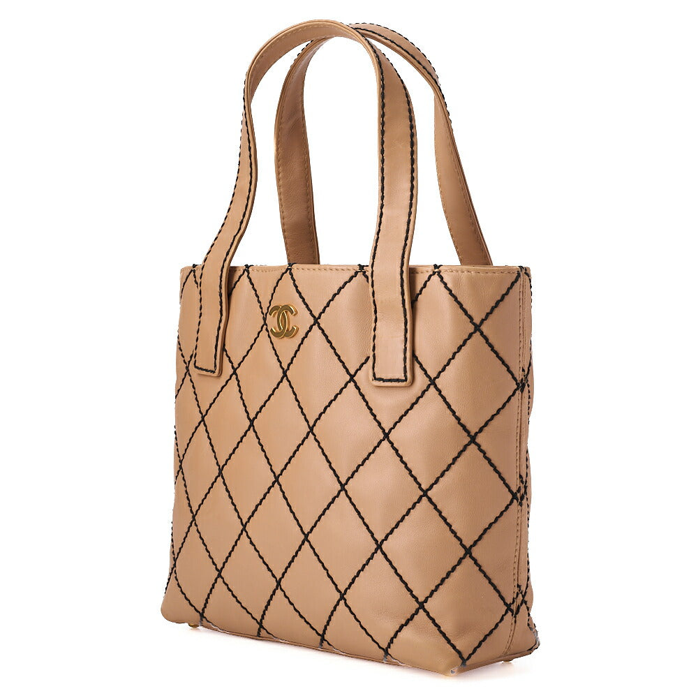 CHANEL Coco Mark Wild Stitch Tote Bag Calf Leather Beige (Gold-Tone Hardware, Pre-Owned