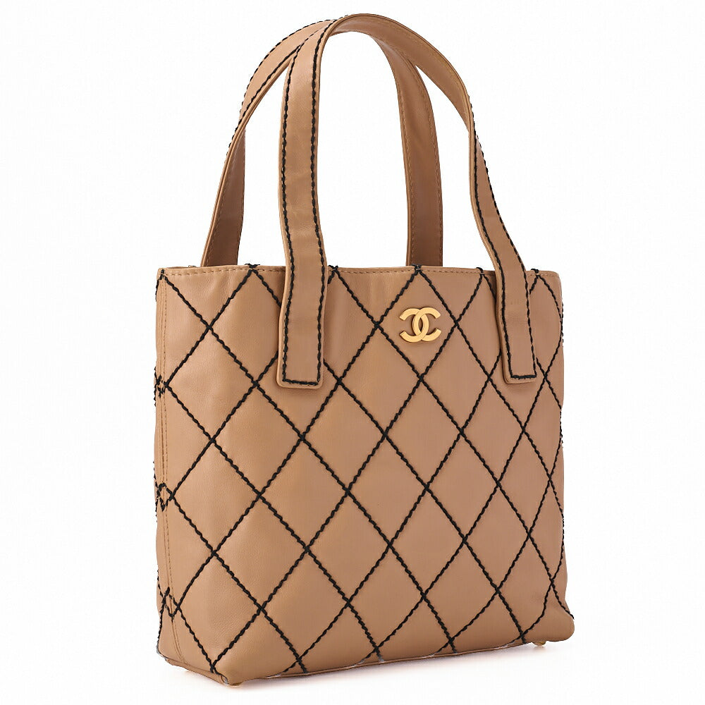 CHANEL Coco Mark Wild Stitch Tote Bag Calf Leather Beige (Gold-Tone Hardware, Pre-Owned