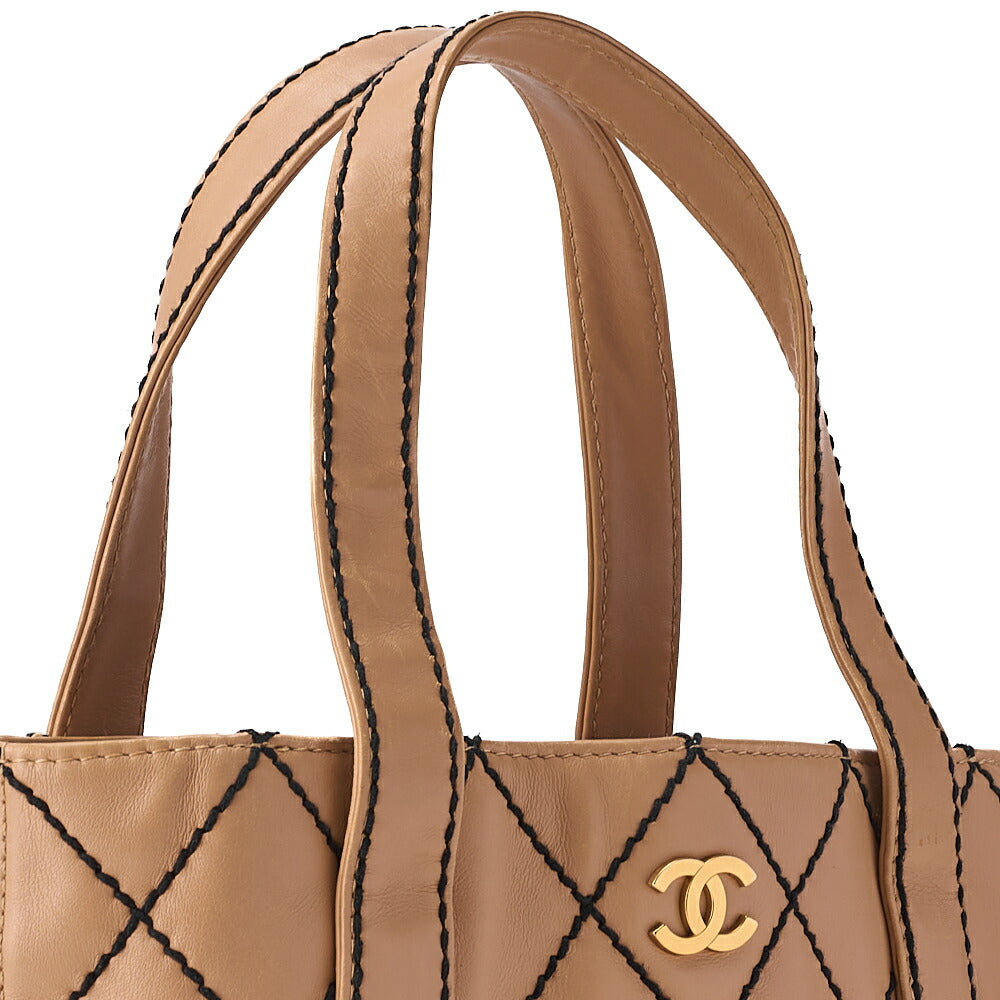 CHANEL Coco Mark Wild Stitch Tote Bag Calf Leather Beige (Gold-Tone Hardware, Pre-Owned