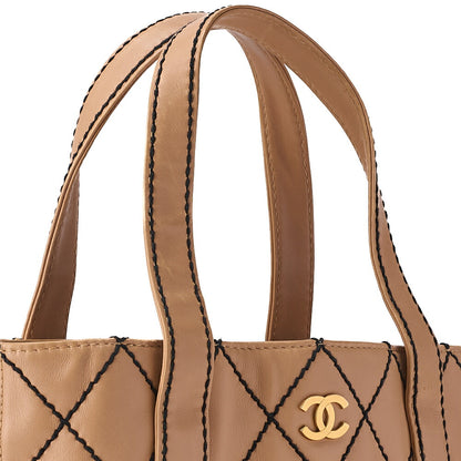 CHANEL Coco Mark Wild Stitch Tote Bag Calf Leather Beige (Gold-Tone Hardware, Pre-Owned