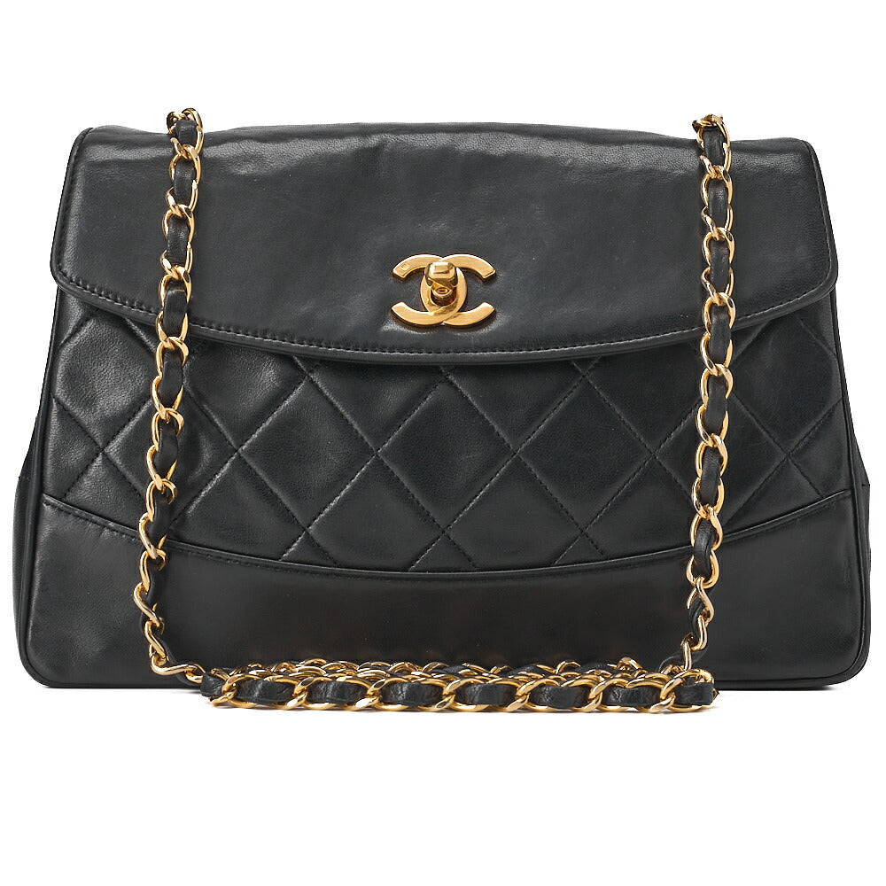 CHANEL チェーンショルダーバッグ マトラッセデザイン フラップ シングル ラムスキン ブラック ゴールド金具, 中古品