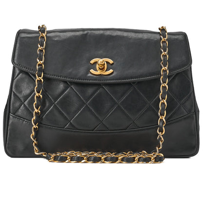 CHANEL チェーンショルダーバッグ マトラッセデザイン フラップ シングル ラムスキン ブラック ゴールド金具, 中古品