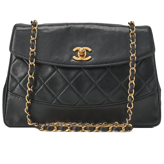 CHANEL Chain Shoulder Bag Matelasse Design Flap Single Lambskin Black Gold-Tone Hardware, Pre-Owned