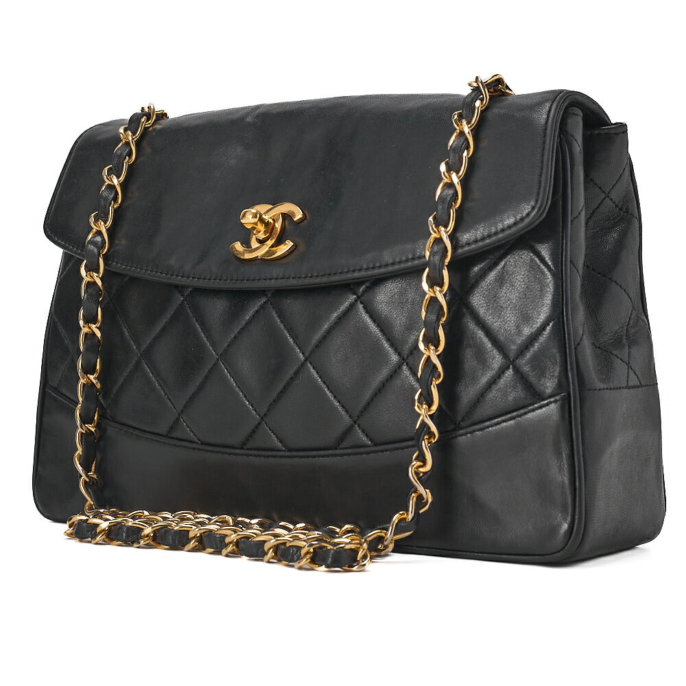 CHANEL チェーンショルダーバッグ マトラッセデザイン フラップ シングル ラムスキン ブラック ゴールド金具, 中古品