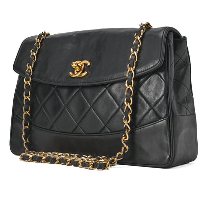 CHANEL チェーンショルダーバッグ マトラッセデザイン フラップ シングル ラムスキン ブラック ゴールド金具, 中古品