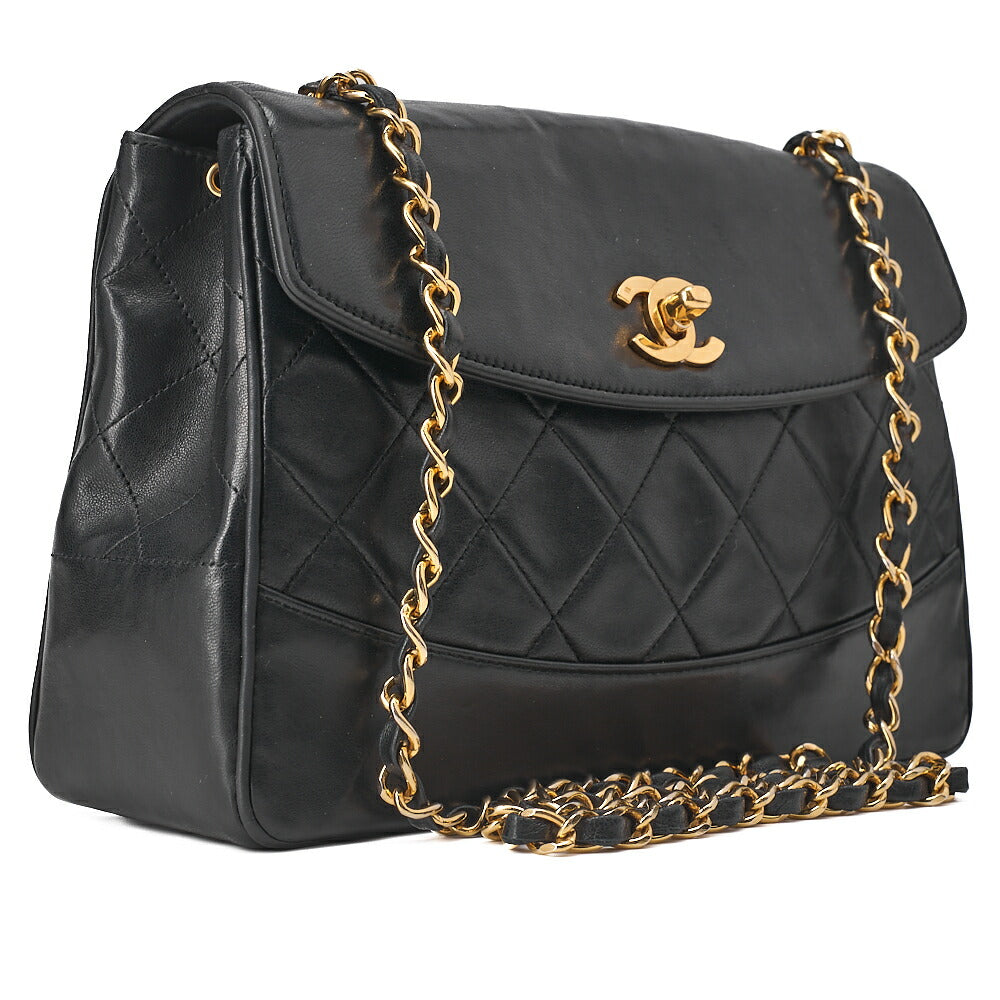 CHANEL チェーンショルダーバッグ マトラッセデザイン フラップ シングル ラムスキン ブラック ゴールド金具, 中古品