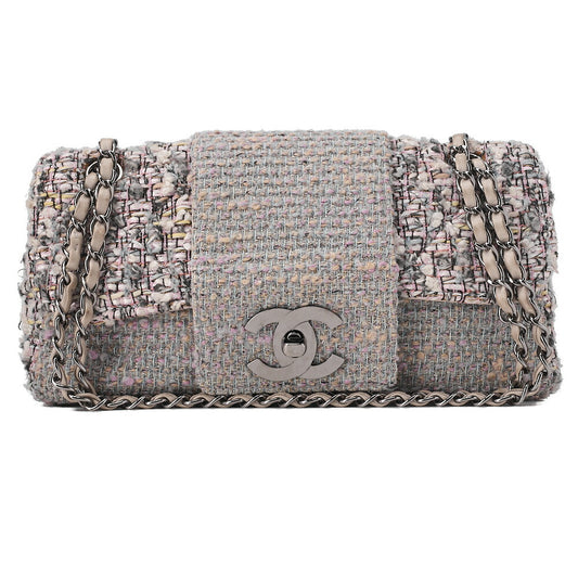 CHANEL Matelasse Tweed Big Coco Single Flap Double Chain Bag Gray Multicolor Silver-Tone Hardware, Pre-Owned