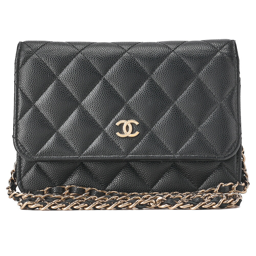 CHANEL Mini Matelasse Chain Wallet Magnetic Lock Caviar Skin Black Gold-Tone Hardware, Pre-Owned