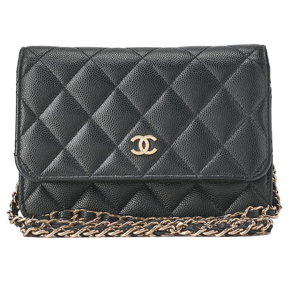 CHANEL Mini Matelasse Chain Wallet Magnetic Lock Caviar Skin Black Gold-Tone Hardware, Pre-Owned