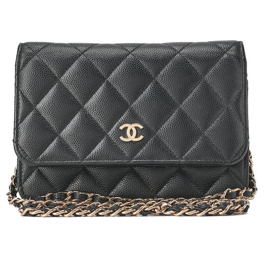 CHANEL Mini Matelasse Chain Wallet Magnetic Lock Caviar Skin Black Gold-Tone Hardware, Pre-Owned