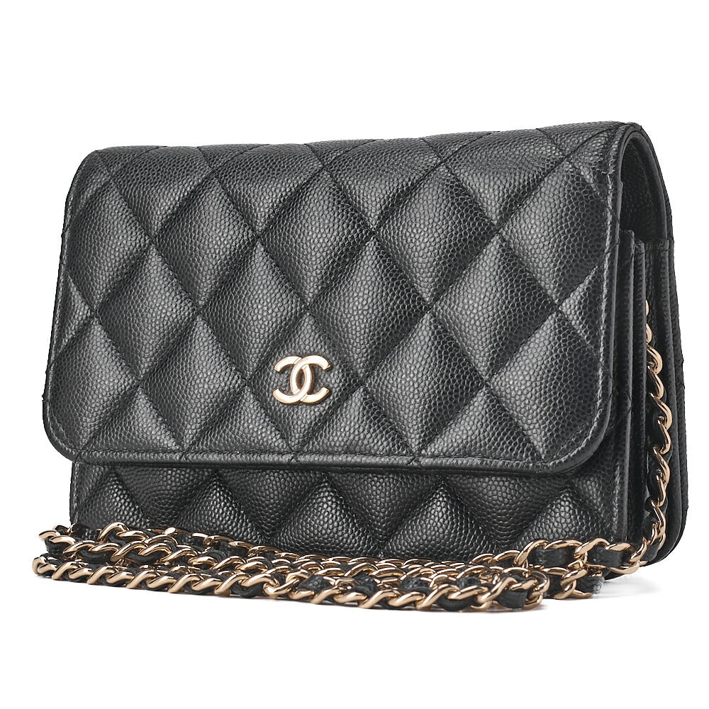 CHANEL Mini Matelasse Chain Wallet Magnetic Lock Caviar Skin Black Gold-Tone Hardware, Pre-Owned