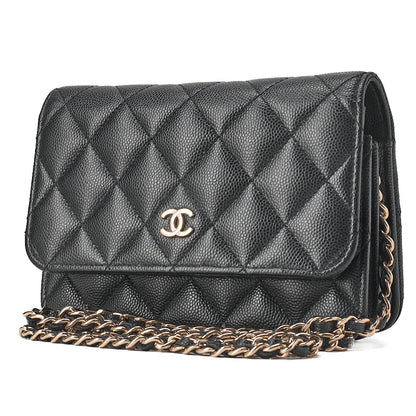 CHANEL Mini Matelasse Chain Wallet Magnetic Lock Caviar Skin Black Gold-Tone Hardware, Pre-Owned