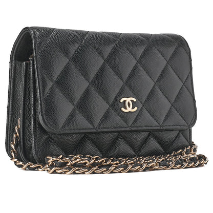 CHANEL Mini Matelasse Chain Wallet Magnetic Lock Caviar Skin Black Gold-Tone Hardware, Pre-Owned