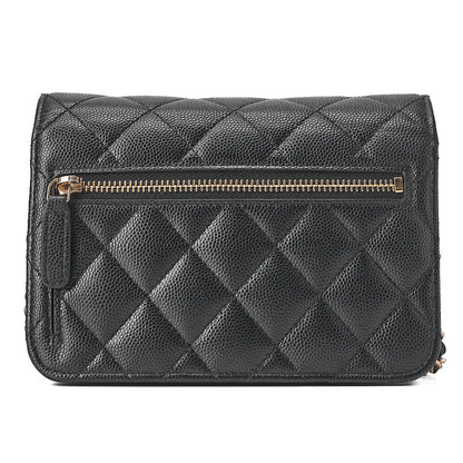 CHANEL Mini Matelasse Chain Wallet Magnetic Lock Caviar Skin Black Gold-Tone Hardware, Pre-Owned