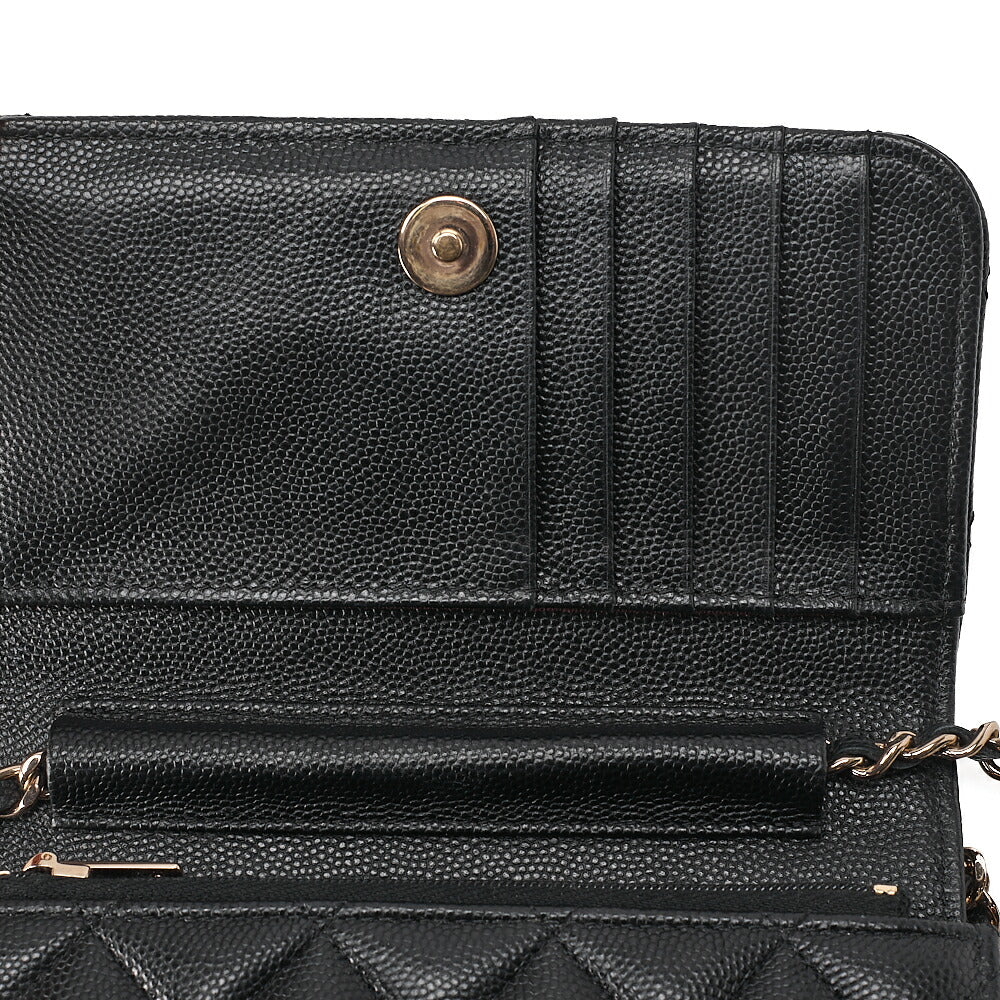 CHANEL Mini Matelasse Chain Wallet Magnetic Lock Caviar Skin Black Gold-Tone Hardware, Pre-Owned