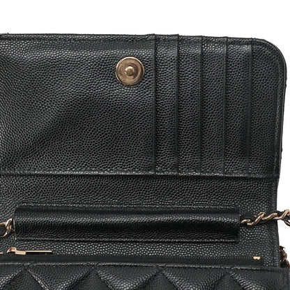 CHANEL Mini Matelasse Chain Wallet Magnetic Lock Caviar Skin Black Gold-Tone Hardware, Pre-Owned