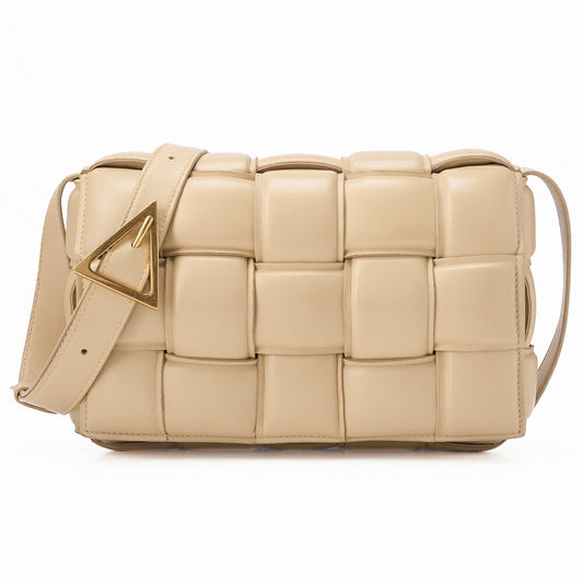 BOTTEGA VENETA Intrecciato Lambskin Padette Cassette Shoulder Back Beige Gold -Tone Hardware, Pre-Owned