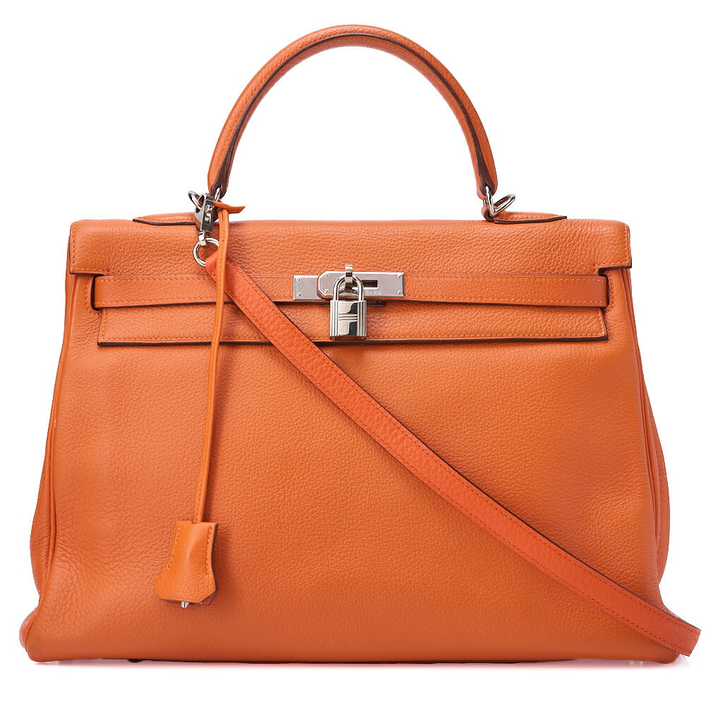 HERMES Kelly 35 Inseam Trialon 2way Handbag Orange (Silver-Tone Hardware, Pre-Owned