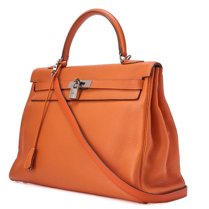 HERMES Kelly 35 Inseam Trialon 2way Handbag Orange (Silver-Tone Hardware, Pre-Owned