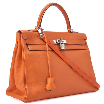 HERMES Kelly 35 Inseam Trialon 2way Handbag Orange (Silver-Tone Hardware, Pre-Owned