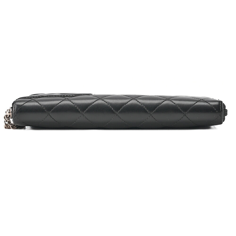 シャネル カンボンライン マトラッセ ラウンドファスナー長財布 カーフスキン 黒 シルバー金具 【中古】