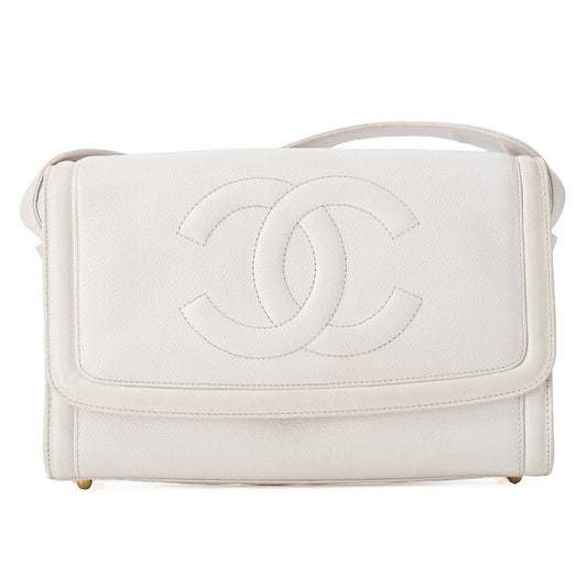 CHANEL Big Coco Mark Single Flap Shoulder Bag Caviar Skin White Gold-Tone Hardware, Pre-Owned