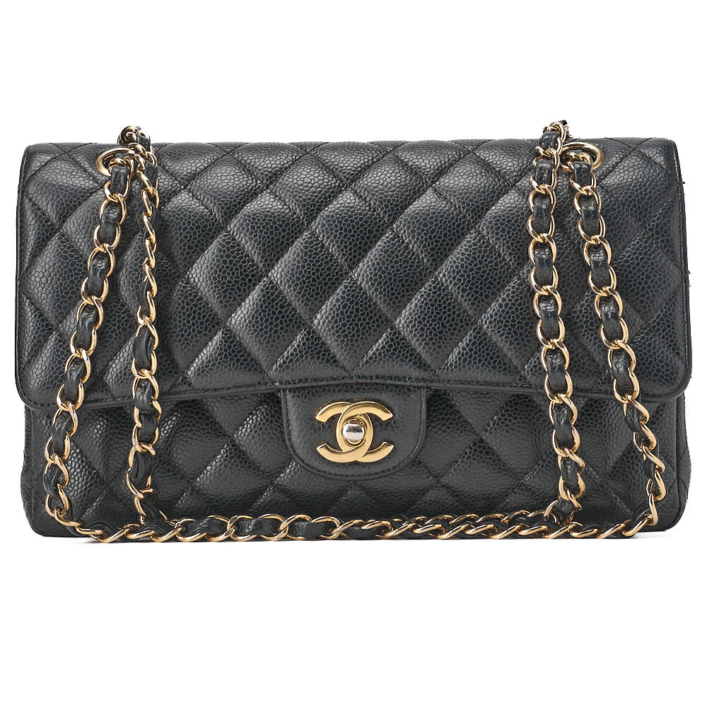 CHANEL Caviar Skin Matelasse 25cm Double Flap Chain Shoulder Black Gold-Tone Hardware, Pre-Owned