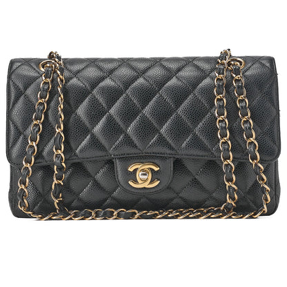 CHANEL Caviar Skin Matelasse 25cm Double Flap Chain Shoulder Black Gold-Tone Hardware, Pre-Owned