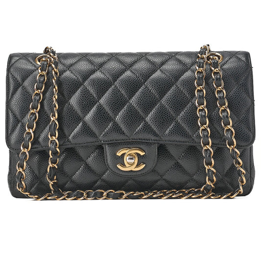 CHANEL Caviar Skin Matelasse 25cm Double Flap Chain Shoulder Black Gold-Tone Hardware, Pre-Owned