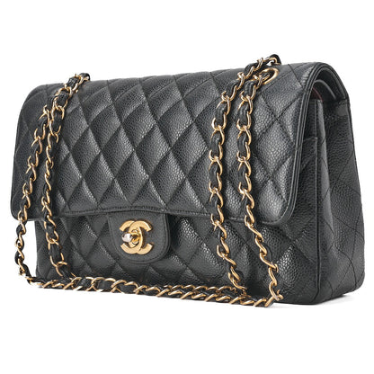 CHANEL Caviar Skin Matelasse 25cm Double Flap Chain Shoulder Black Gold-Tone Hardware, Pre-Owned