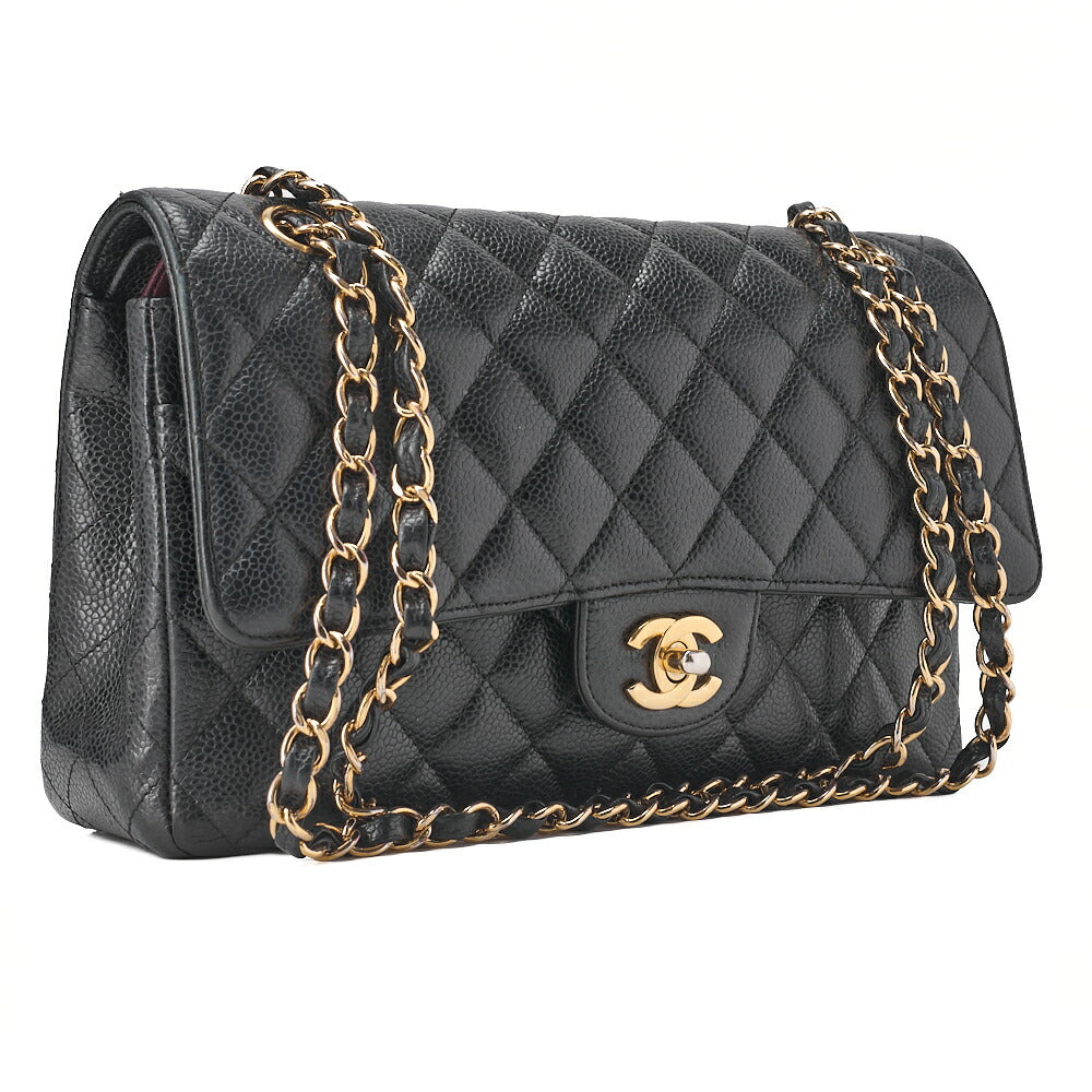CHANEL Caviar Skin Matelasse 25cm Double Flap Chain Shoulder Black Gold-Tone Hardware, Pre-Owned