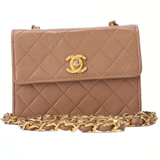 CHANEL Chain Shoulder Bag Mini Mini Matelasse Lambskin Brown Gold -Tone Hardware, Pre-Owned