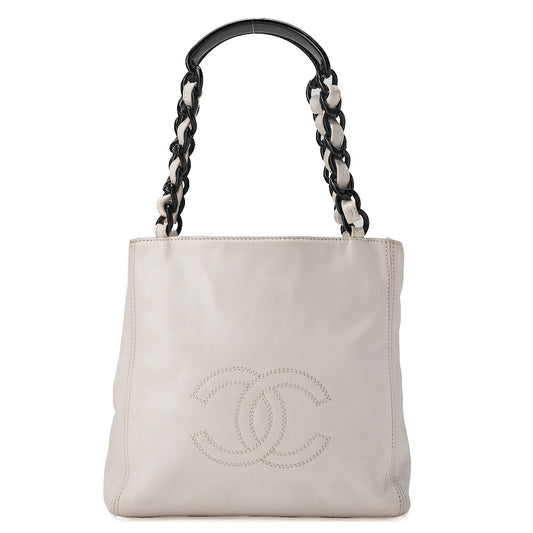 CHANEL Chain Tote Bag Cocomark Plastic Chain Shoulder Lambskin White Gold-Tone Hardware, Pre-Owned
