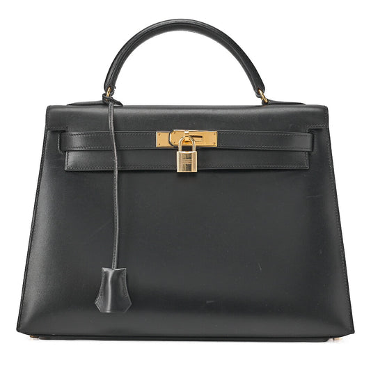 HERMES Kelly 32 Handbag Box Calf Exterior Stitching Black Gold-Tone Hardware, Pre-Owned
