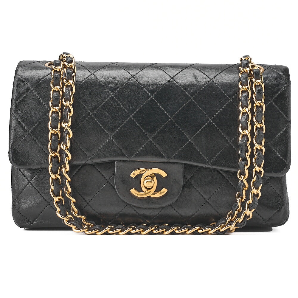 CHANEL チェーンショルダーバッグ マトラッセ23cm ダブルフラップ ラムスキン ブラック ゴールド金具, 中古品