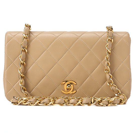CHANEL Lambskin Matelasse Full Flap 19cm Chain Shoulder Beige Gold-Tone Hardware, Pre-Owned