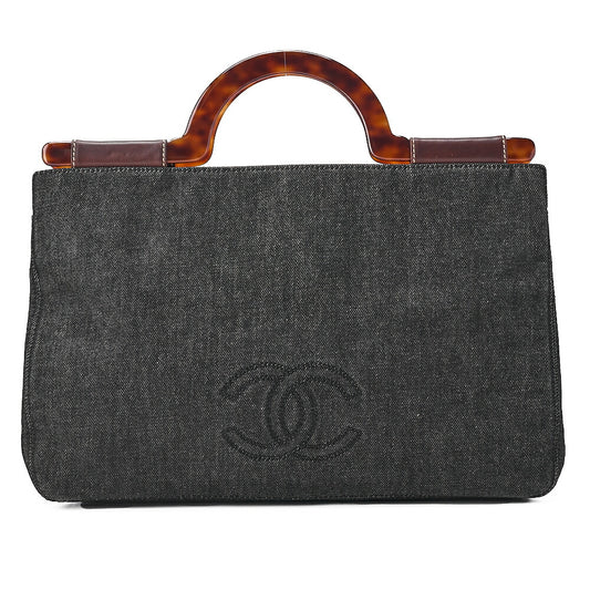CHANEL Handbag Coco Mark Tortoiseshell Denim Black Gold-Tone Hardware, Pre-Owned