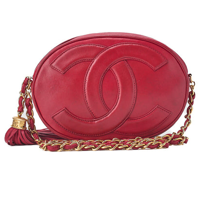CHANEL ココマーク フリンジ ラウンド チェーンショルダー ラムスキン レッド ゴールド金具 中古