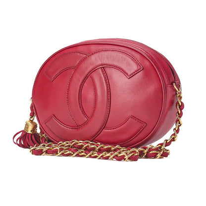 CHANEL ココマーク フリンジ ラウンド チェーンショルダー ラムスキン レッド ゴールド金具 中古