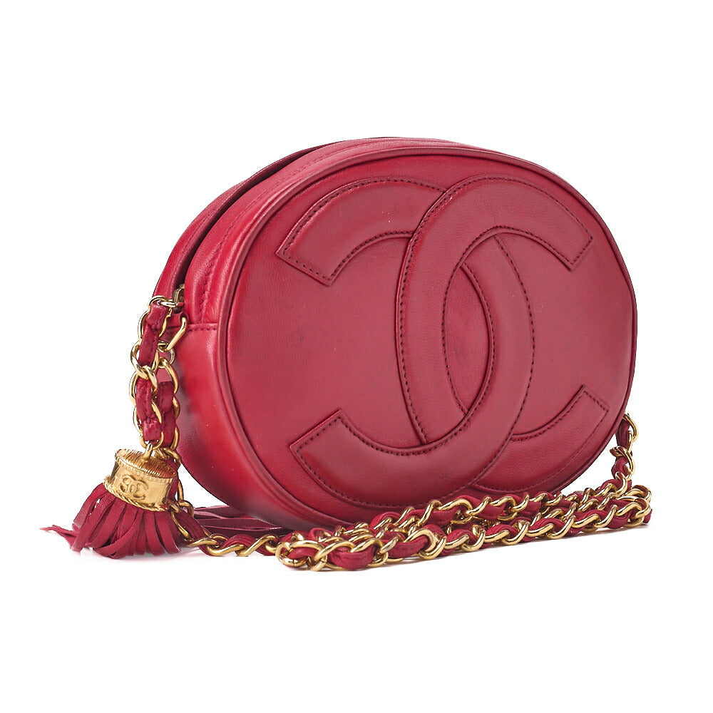 CHANEL ココマーク フリンジ ラウンド チェーンショルダー ラムスキン レッド ゴールド金具 中古