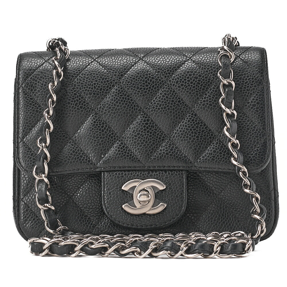 CHANEL Chain Shoulder Bag Mini Matelasse 17cm Caviar Skin Black Silver-Tone Hardware, Pre-Owned