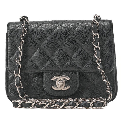 CHANEL Chain Shoulder Bag Mini Matelasse 17cm Caviar Skin Black Silver-Tone Hardware, Pre-Owned