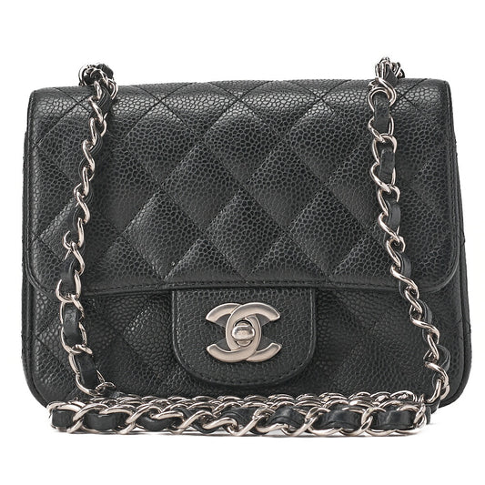 CHANEL Chain Shoulder Bag Mini Matelasse 17cm Caviar Skin Black Silver-Tone Hardware, Pre-Owned
