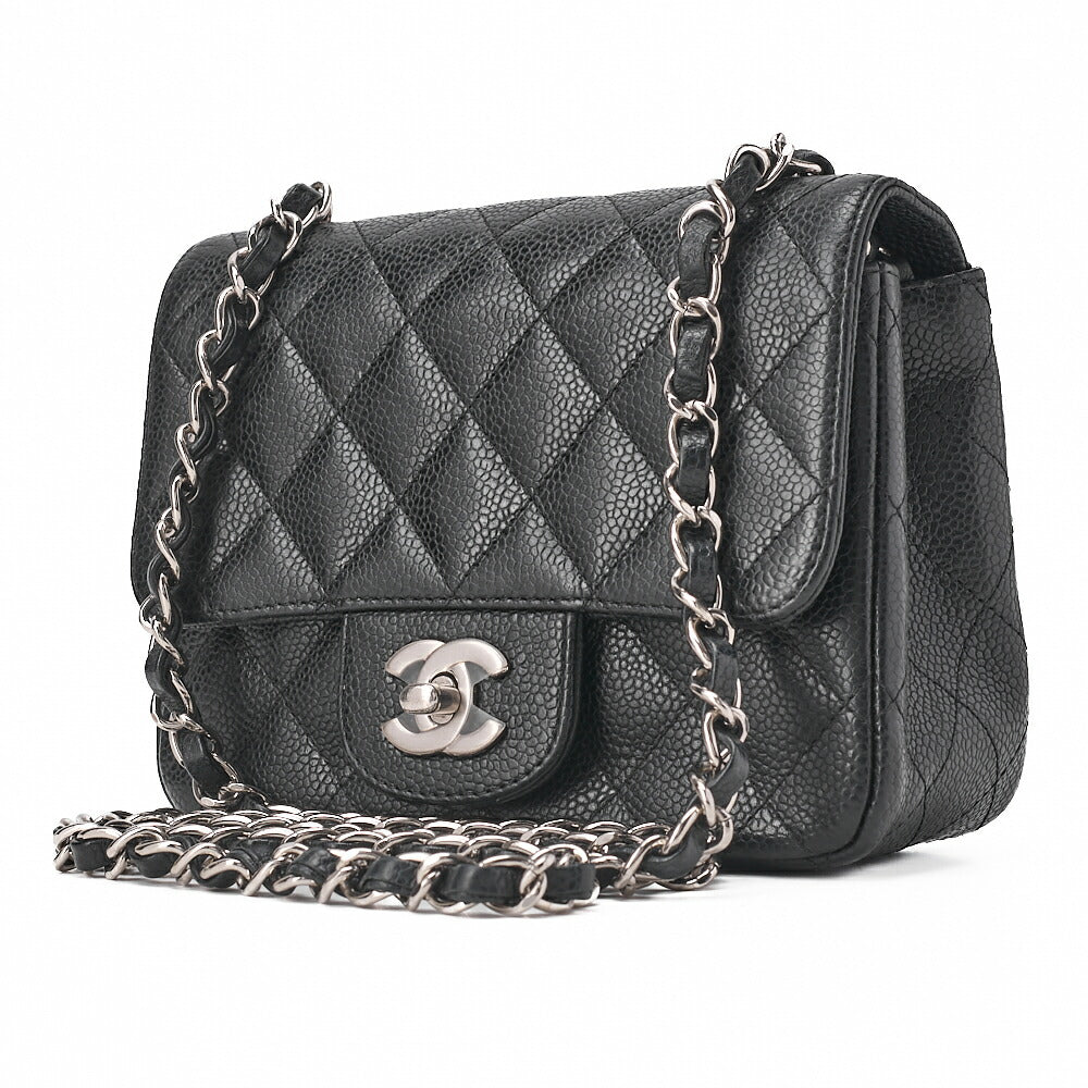 CHANEL Chain Shoulder Bag Mini Matelasse 17cm Caviar Skin Black Silver-Tone Hardware, Pre-Owned