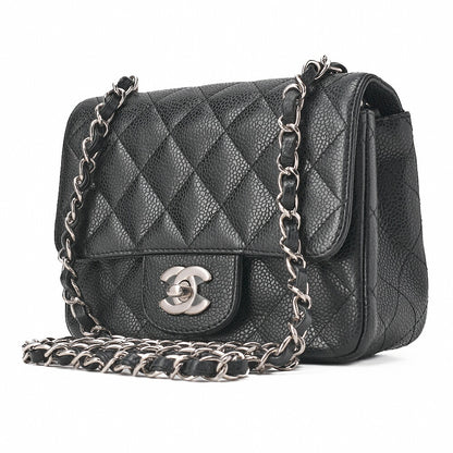 CHANEL Chain Shoulder Bag Mini Matelasse 17cm Caviar Skin Black Silver-Tone Hardware, Pre-Owned