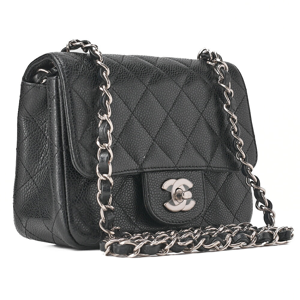CHANEL Chain Shoulder Bag Mini Matelasse 17cm Caviar Skin Black Silver-Tone Hardware, Pre-Owned