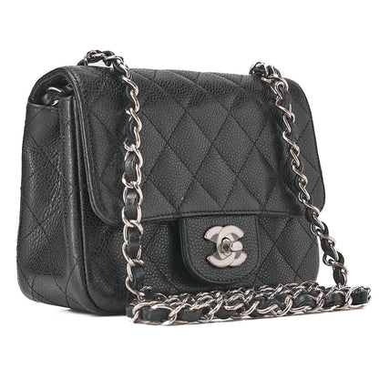 CHANEL Chain Shoulder Bag Mini Matelasse 17cm Caviar Skin Black Silver-Tone Hardware, Pre-Owned