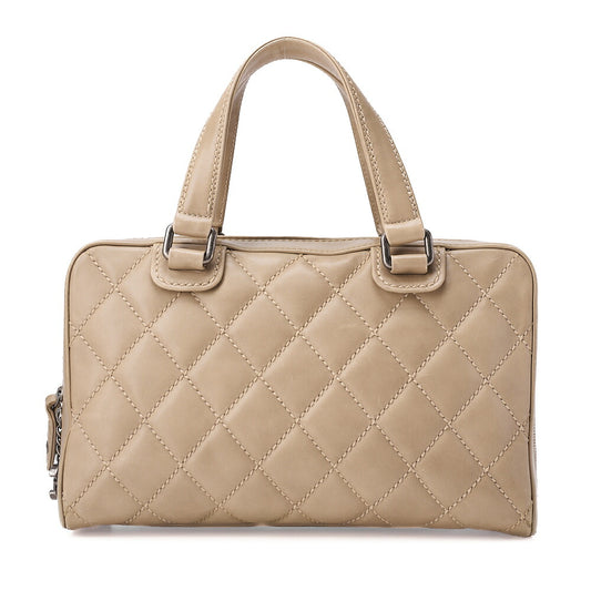 CHANEL Matelasse Wild Stitch Coco Charm Tote Bag Calf Leather Beige Silver -Tone Hardware, Pre-Owned