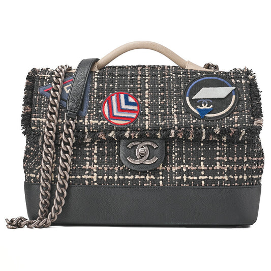 CHANEL Chanel Patch Air Line 2WAY Chain Shoulder Bag Tweed x Caviar Skin Black x Bicolor Silver-Tone Hardware, Pre-Owned