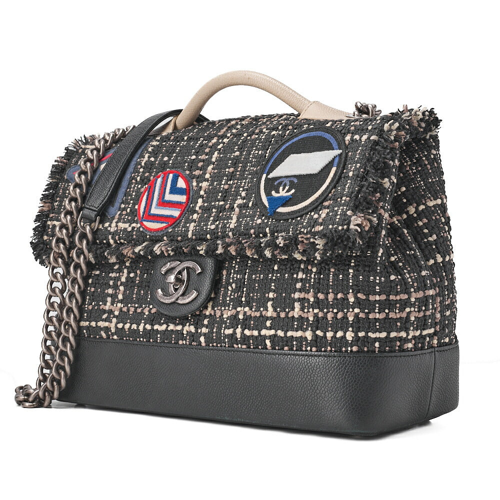 CHANEL シャネル パッチエアライン 2WAY チェーンショルダーバッグ ツイード×キャビアスキン 黒×バイカラー シルバー金具 中古